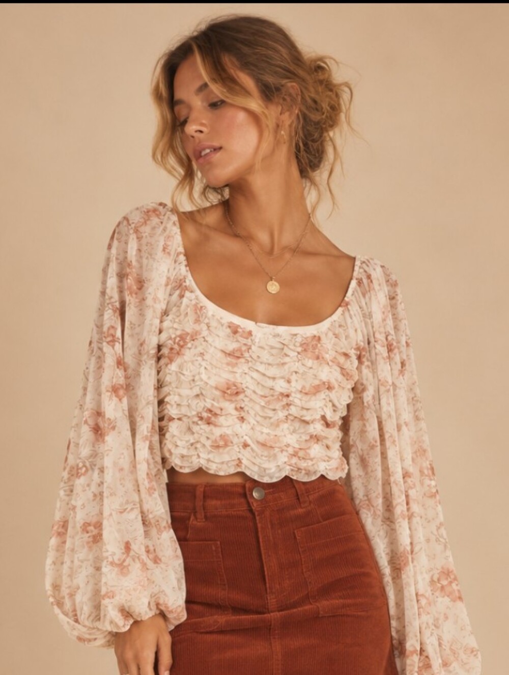 Free People Floral Ruched Sheer Sleeve Crop Top Small EUC